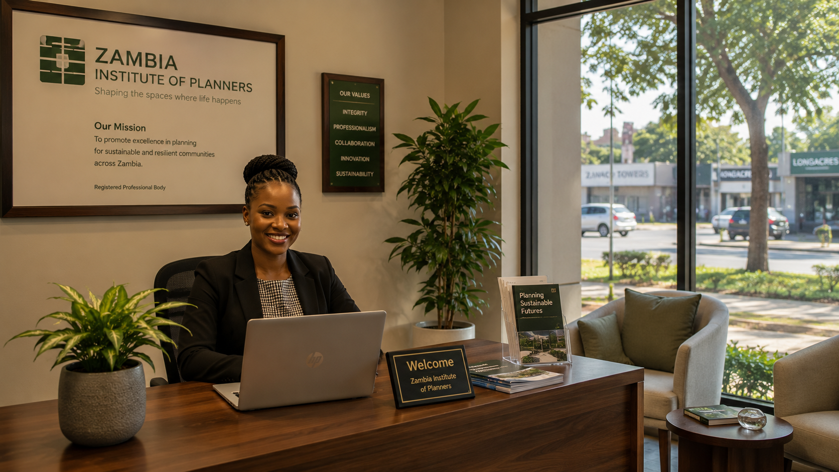 A welcoming reception area of a modern professional office in Lusaka.