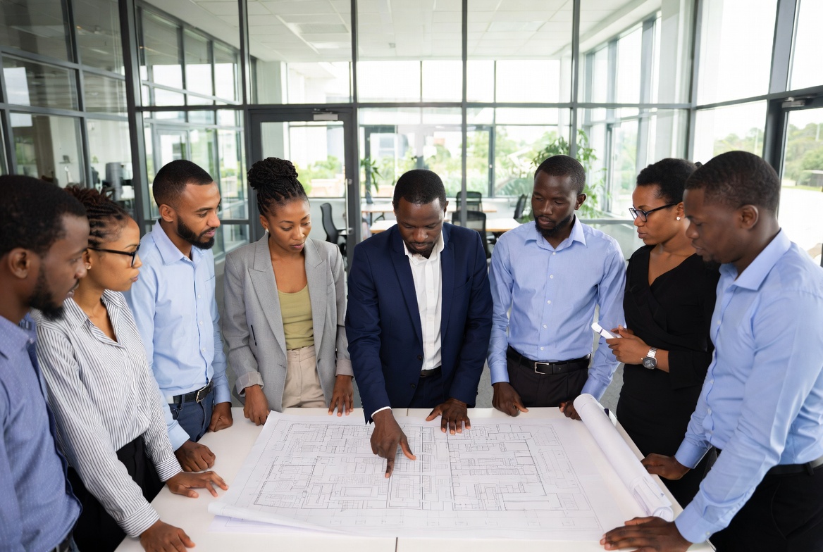 A diverse team of African urban planners and architects reviewing a city blueprint