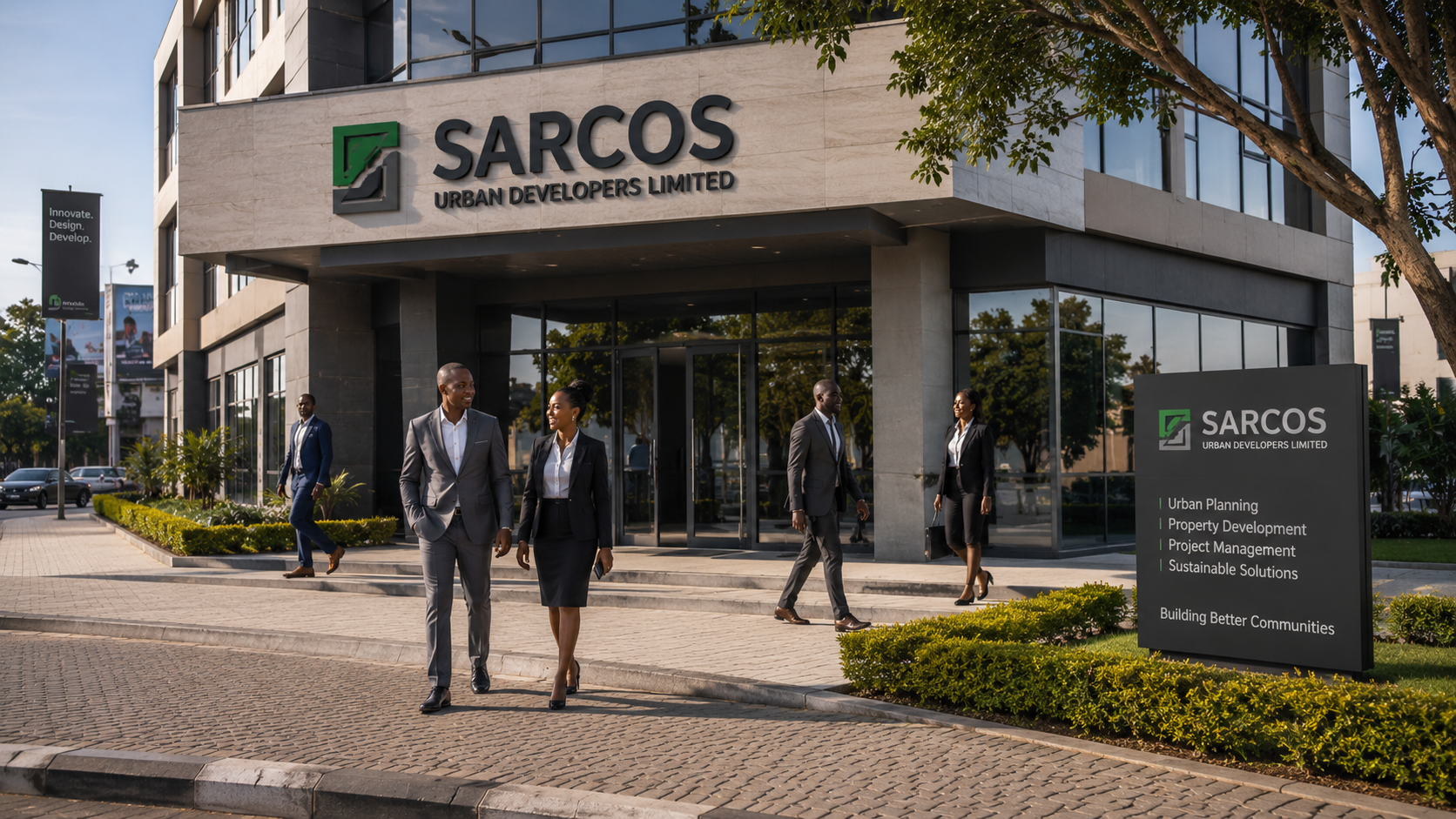 A modern office building in Lusaka with a sign reading "Sarcos Urban Developers Limited." Professional staff members walking in front. Morning light, clean and corporate. Landscape, 16:9, photorealistic.